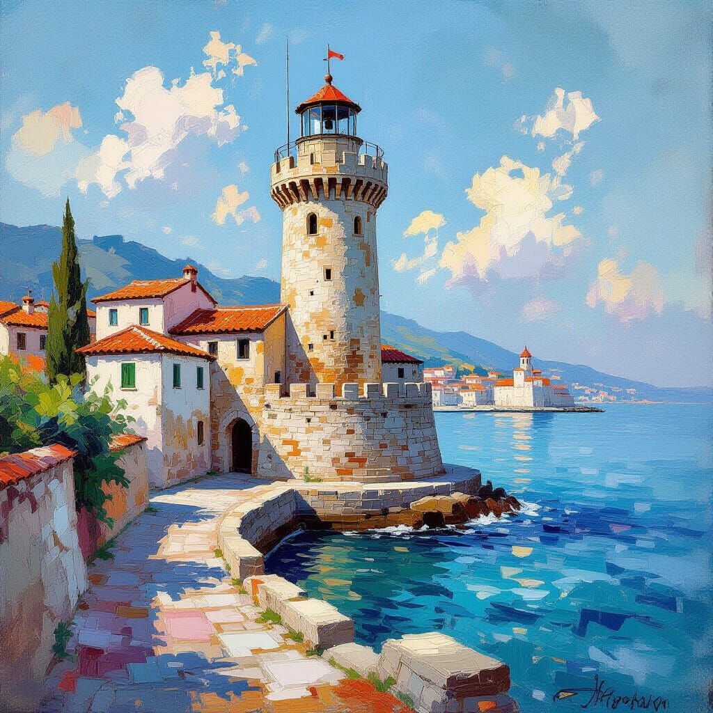 Byzantine Lighthouse in Impressionist Style