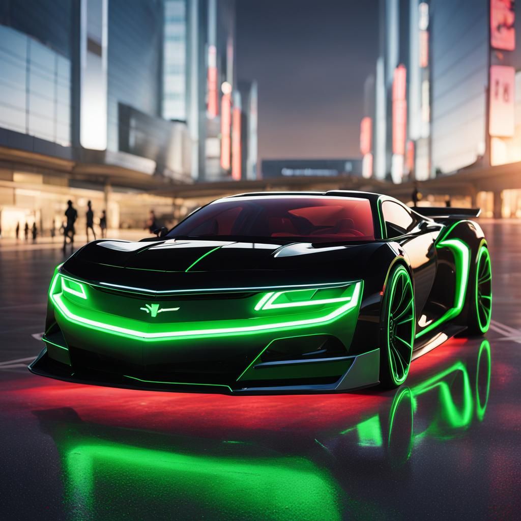 Neon Camaro at Airport: 3D Anime Style