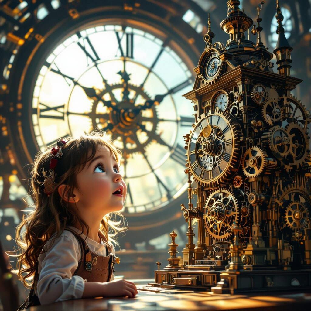 Girl Amazed by Intricate Clockwork Building