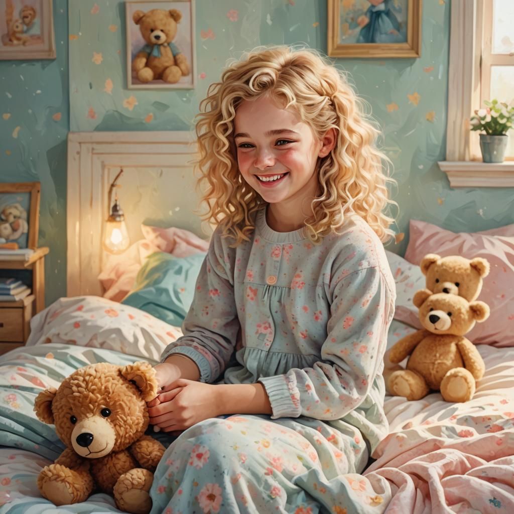 Cozy Digital Illustration of Girl with Teddy Bear