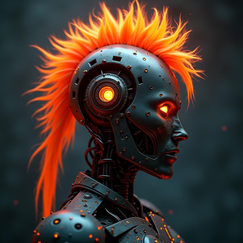 Steampunk Robot with Orange Mohawk in HDR
