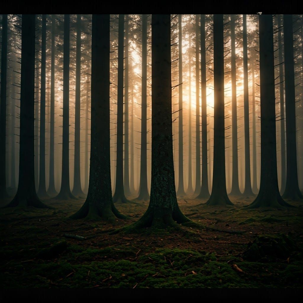 Misty Forest with Towering Trees in Cinematic Lighting