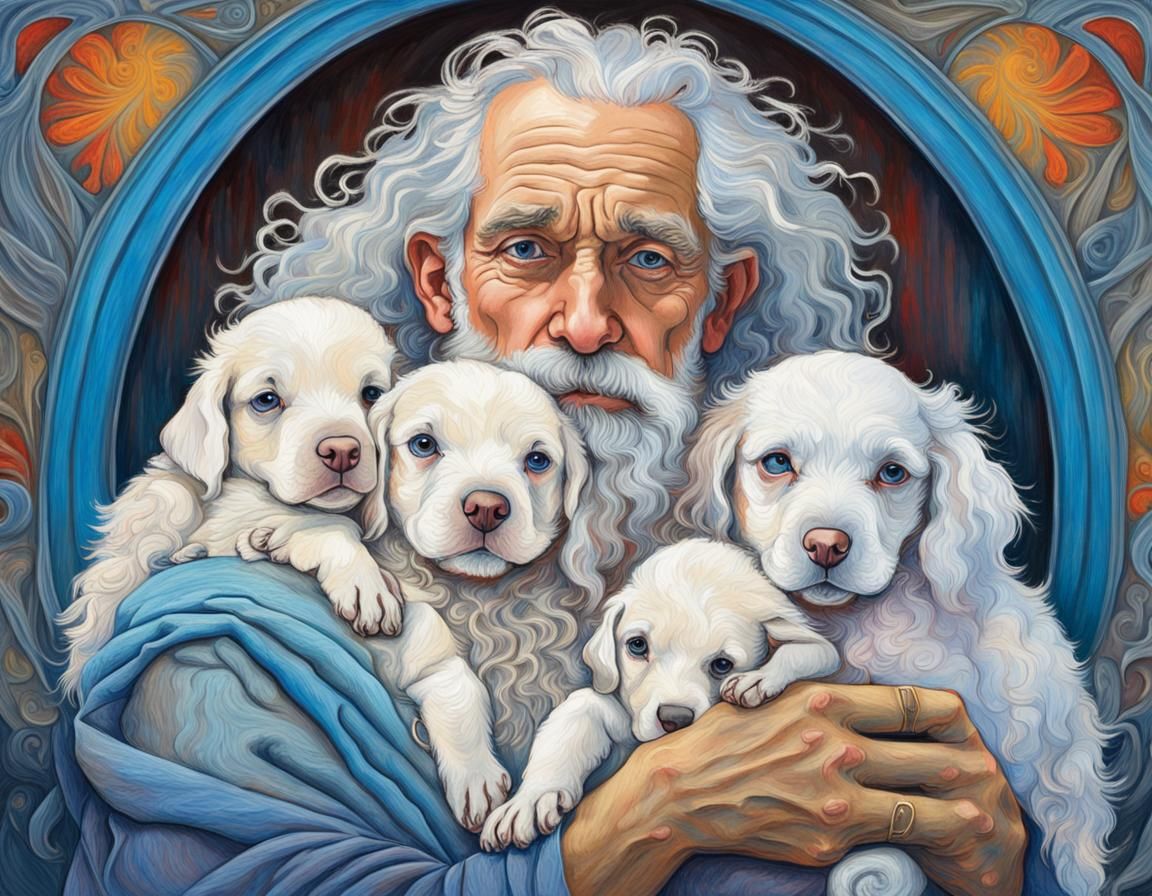 Old Man Cuddling Puppies: Art Nouveau Portrait