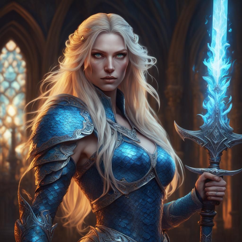 Blond Witch with Flaming Sword: Art Nouveau Portrait