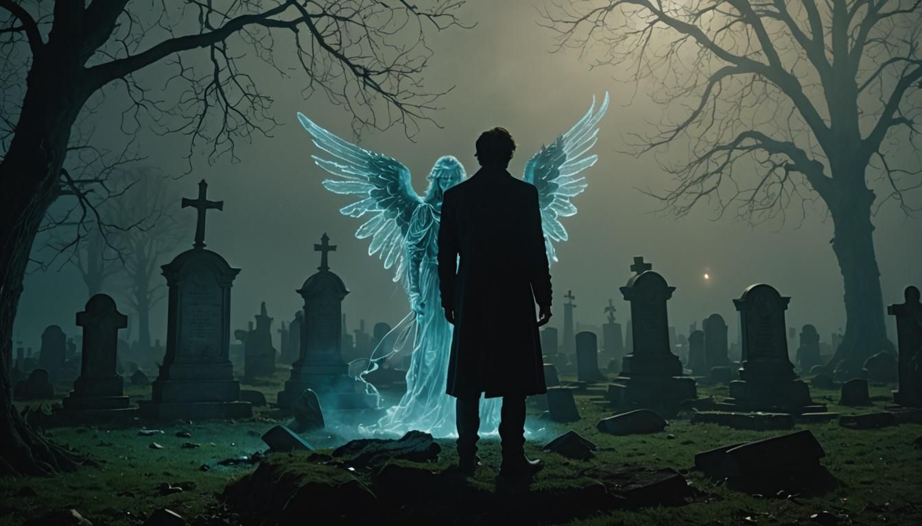 Ethereal Angel Points to Sad Man in Graveyard