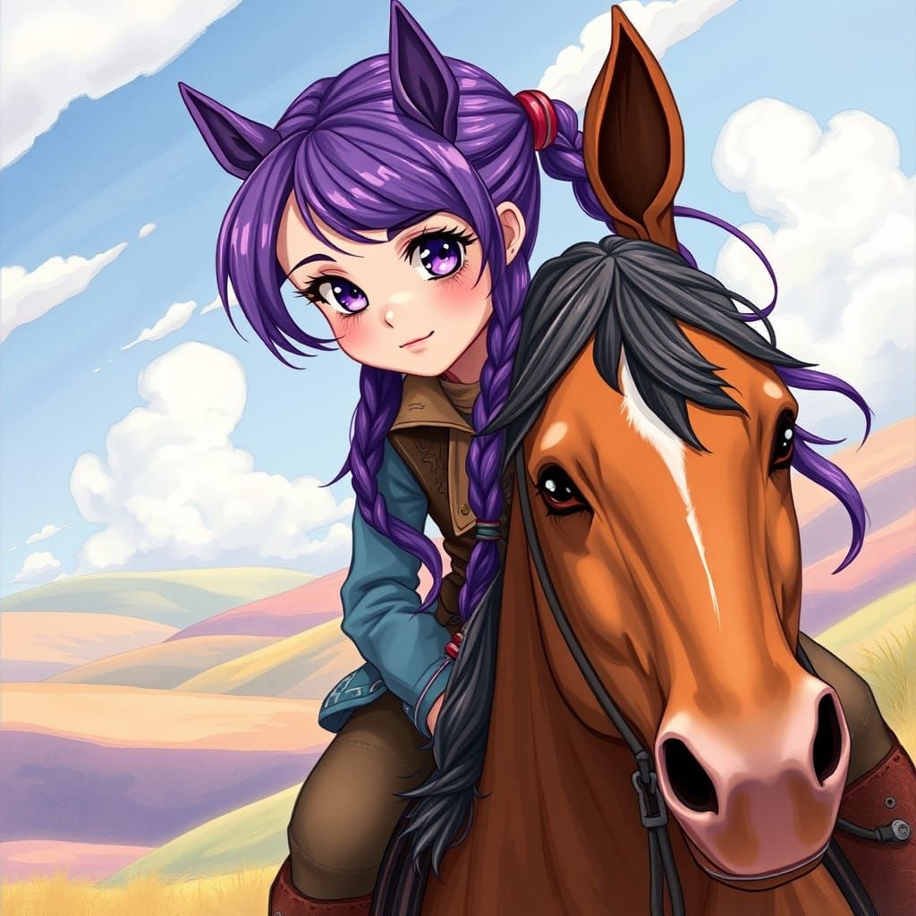 Cowgirl with Purple Hair Rides Mustang in Dream Landscape