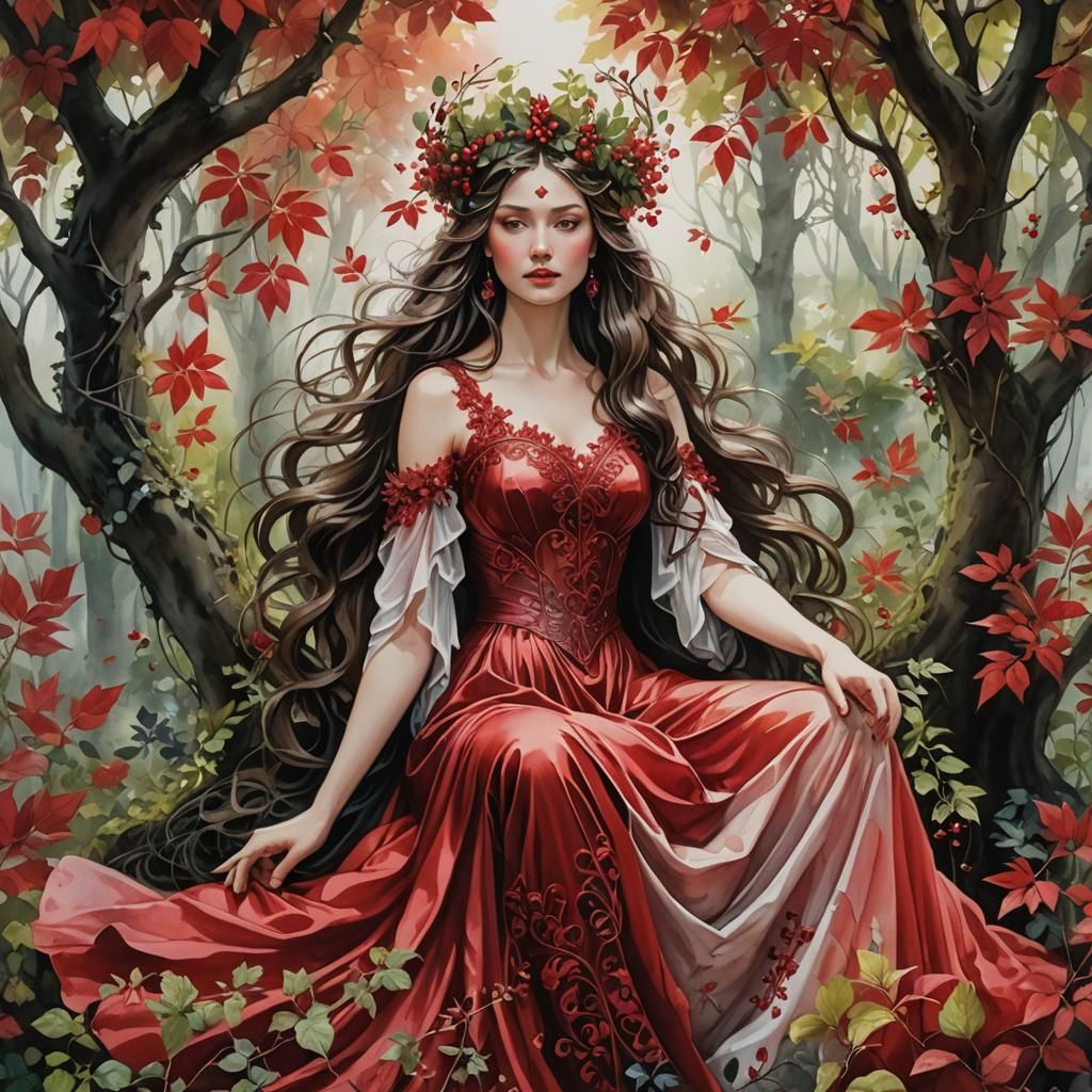 Woodland Goddess in Flowing Red Dress, Neo-Impressionism Sty...