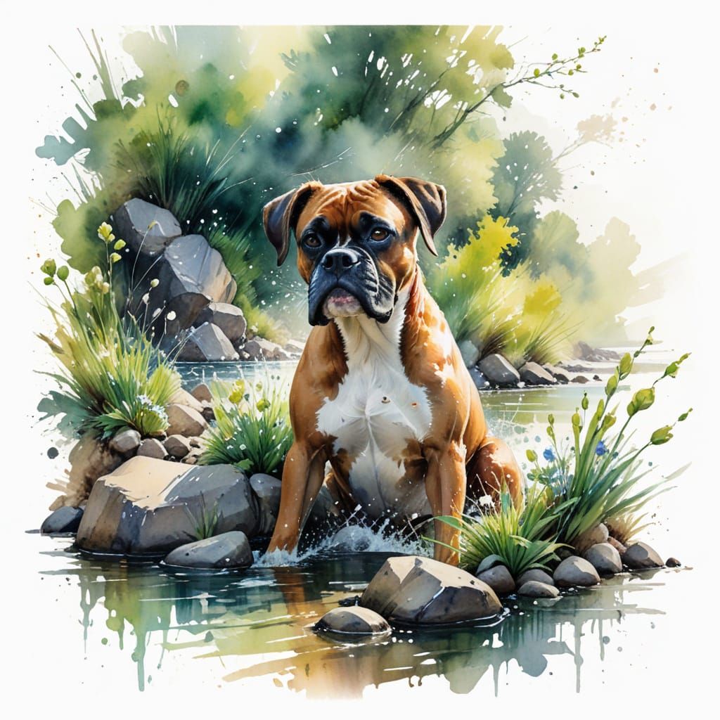 Springtime German Boxer on a Lively Riverbank