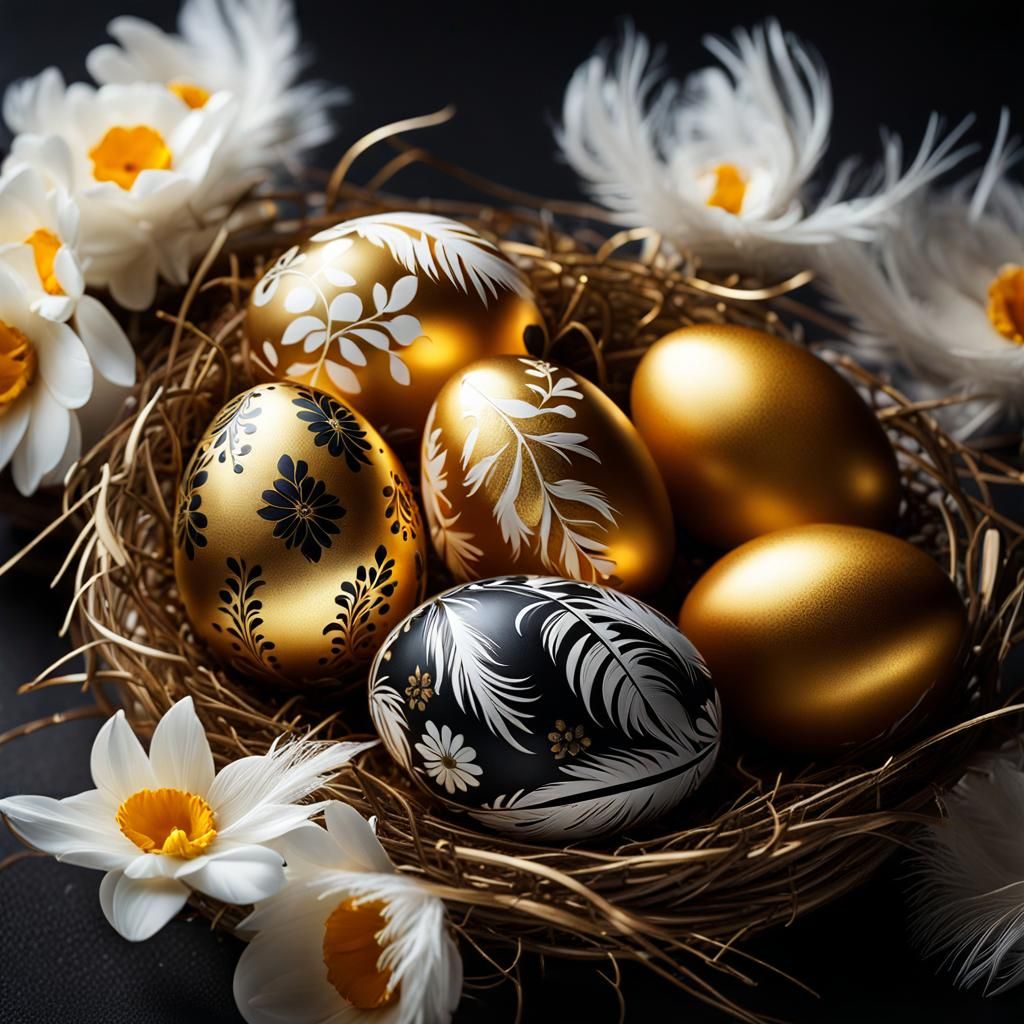 Golden Easter Eggs with Floral Pattern