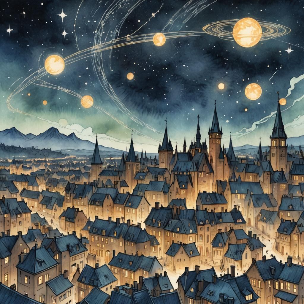 Stars Over City in Retro D&D Style