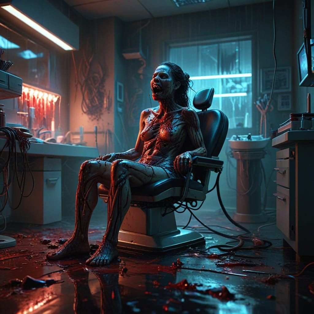 Cinematic Horror Scene: Dentist's Office with Ethereal Glow