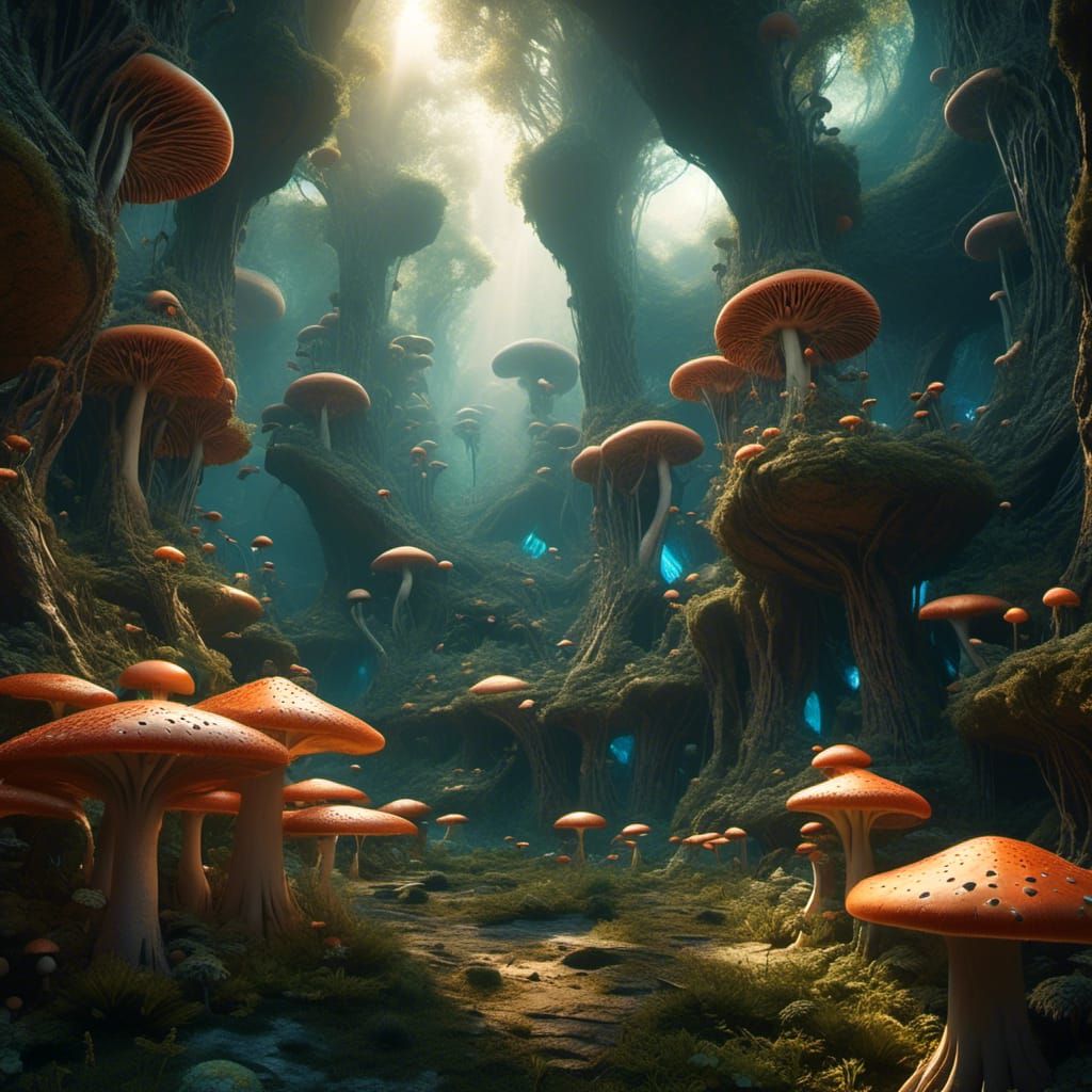 Surreal Mushroom Forest with Bioluminescent Flora