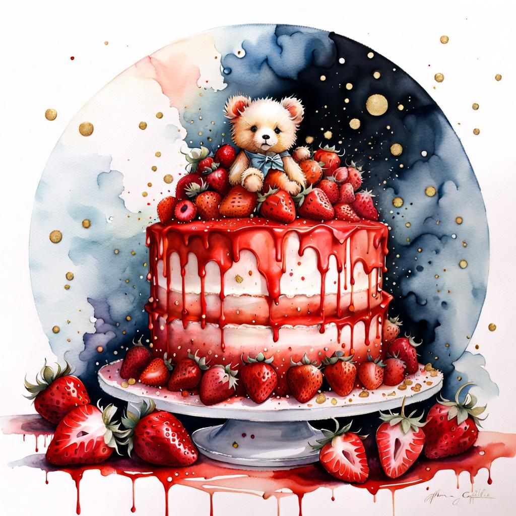 Strawberry Cake with Chibi Teddy Bear, Watercolor Style