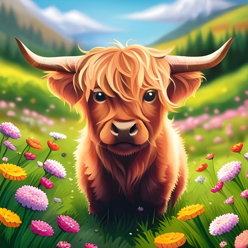 Fluffy Highland Cow Portrait in Floral Field