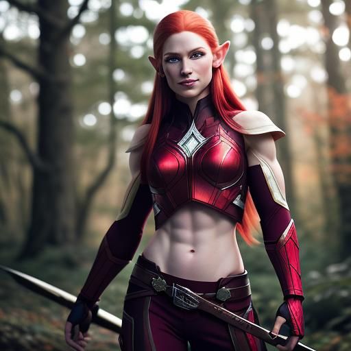 Crimson-Haired Elf Girl with Bokeh Effect