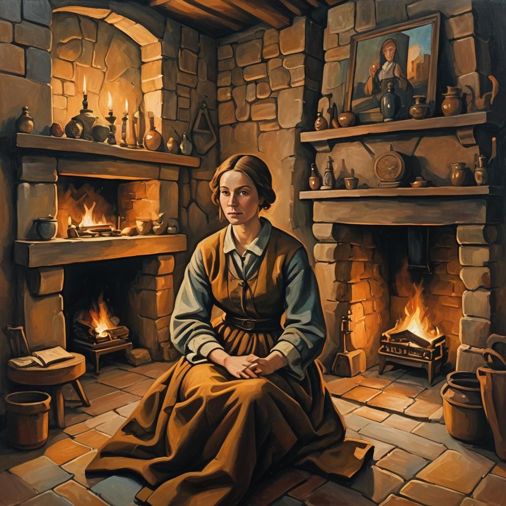 Woman by Fireplace: Renaissance Painting with Cubist Influen...