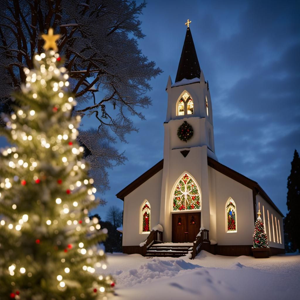 Snowy Church with Christmas Tree at Night