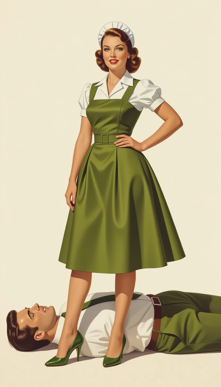Maid Woman in Olive Heels Stands on Man's Chest