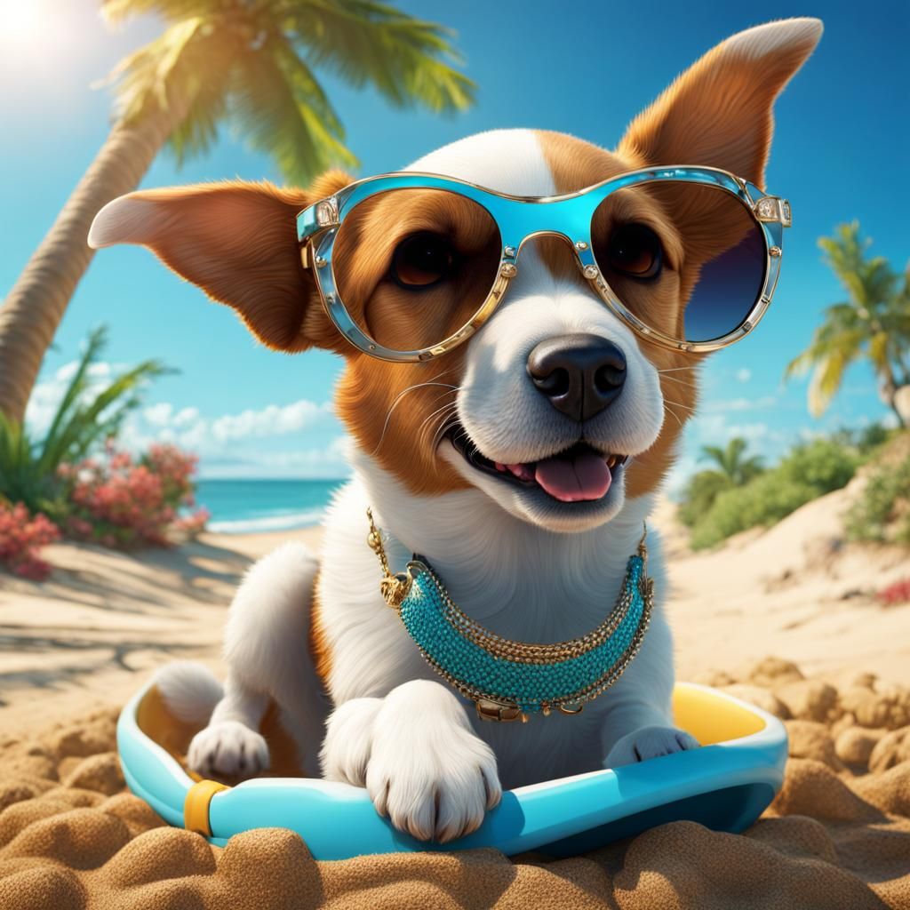 Dog with Sunglasses on Beach, Detailed Digital Art