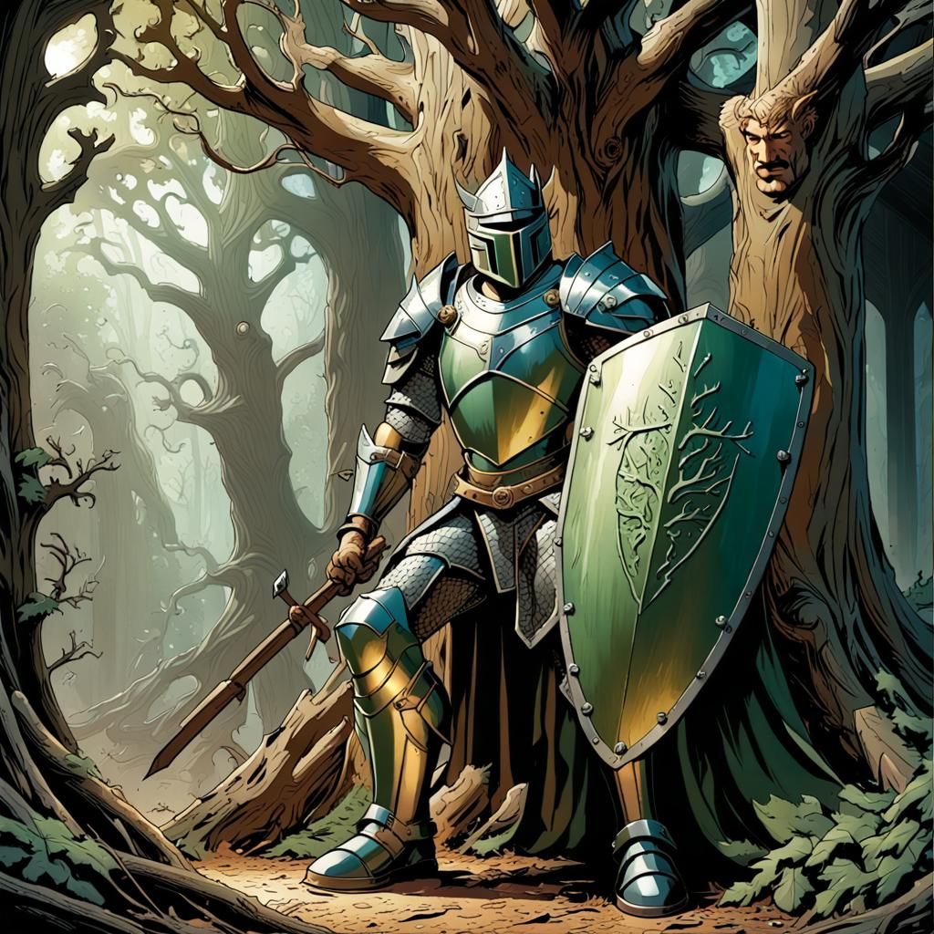 Green Knight Paladin in Metal Shop, Comic Book Art