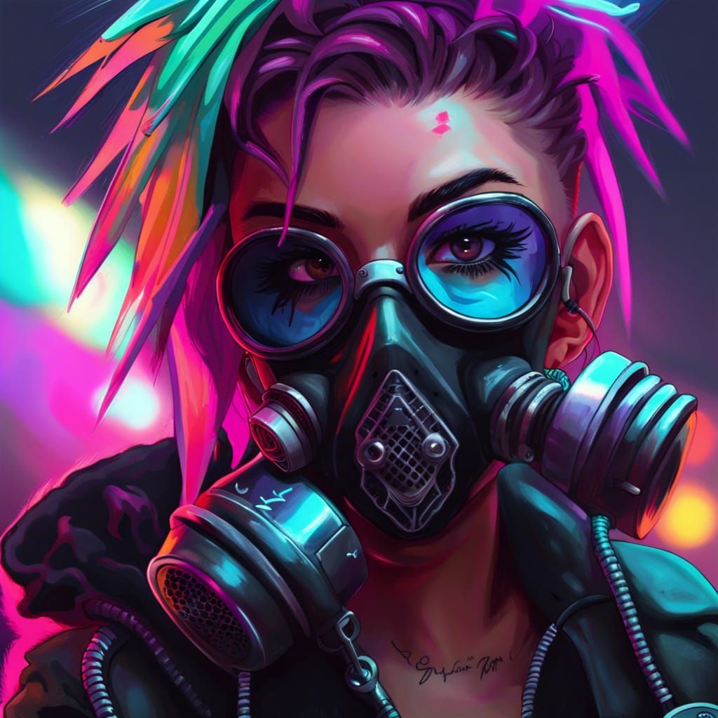 Punk Anarchist Girl in Gasmask Under Neon Lights