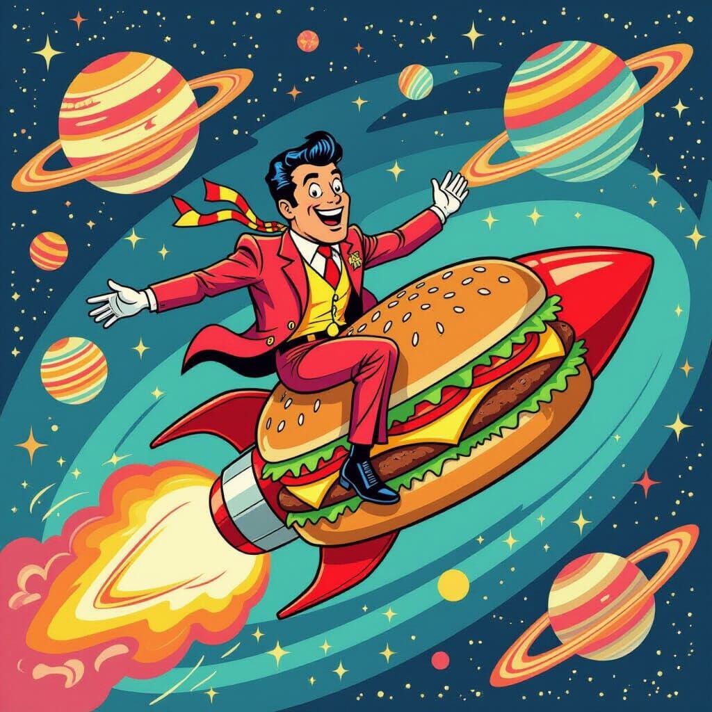 Cosmic Fast Food Man Rides Rocket Burger in Psychedelic Gala...