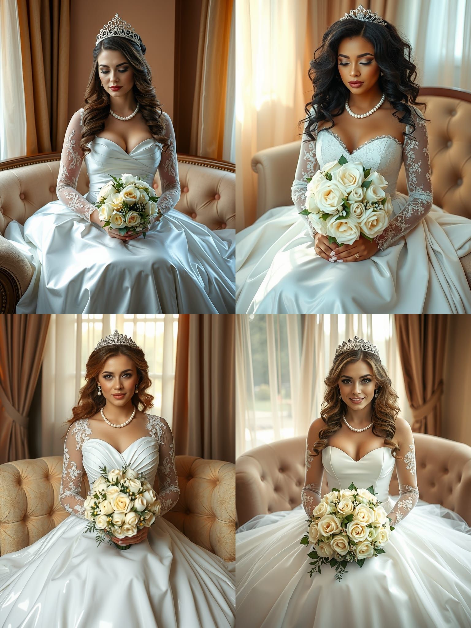 A crossdresser sissy as bride sits serenely, embodying elegance and grace. Her latex gown features a classic design with...