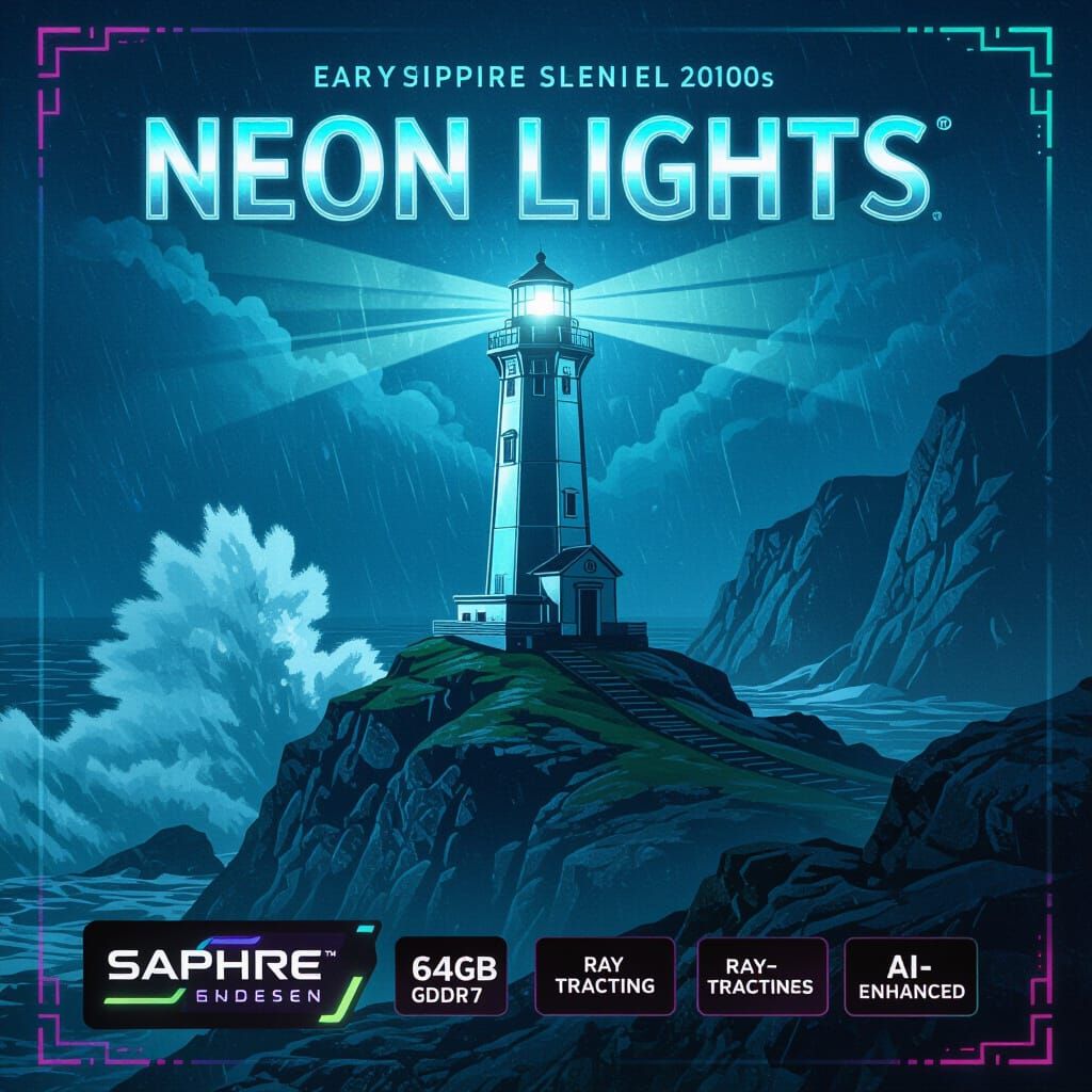 Retro-Futuristic Graphics Card Box with Chrome Lighthouse