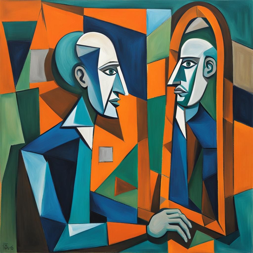 Picasso Cubist style oil painting, man, looking in mirror, orange, navy blue, royal blue,gray, teal, brown,green repeat...