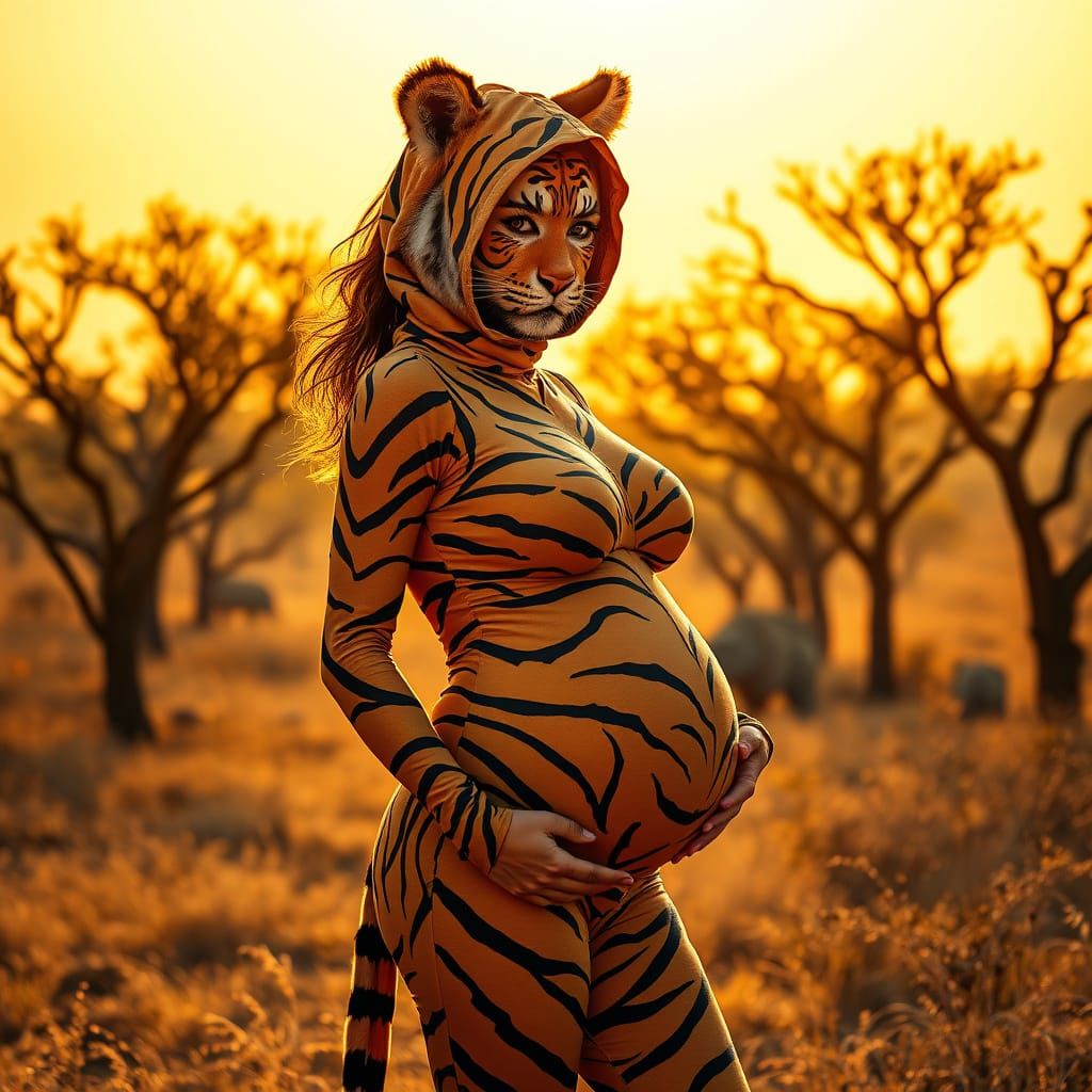 Pregnant Woman in Tiger Costume on Savannah
