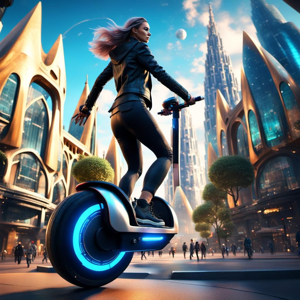 Girl Rides Unicycle in Gaudi-Inspired Futuristic City