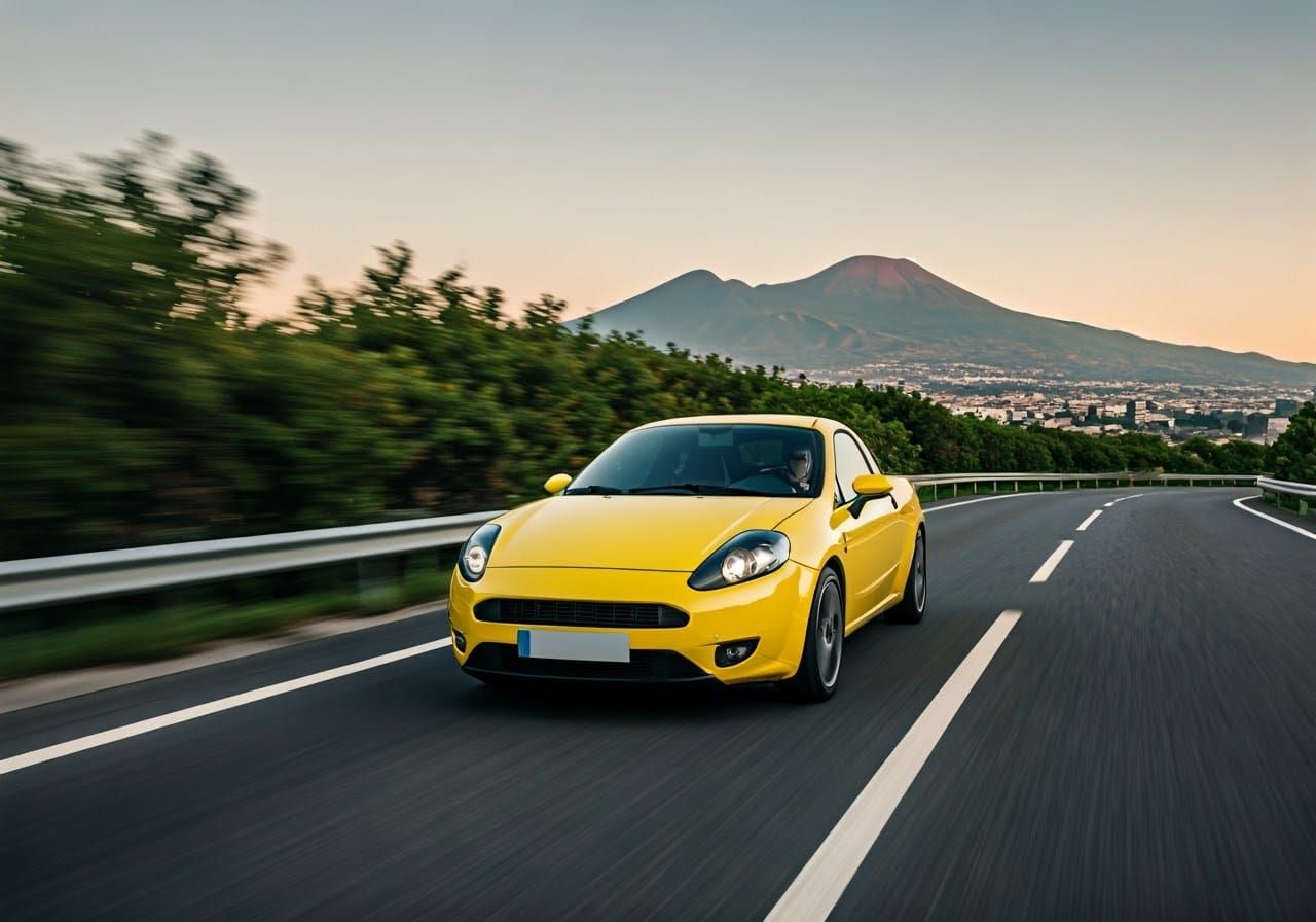 Vibrant Yellow Fiat Punto Roadster Speeds Down a Winding Roa...