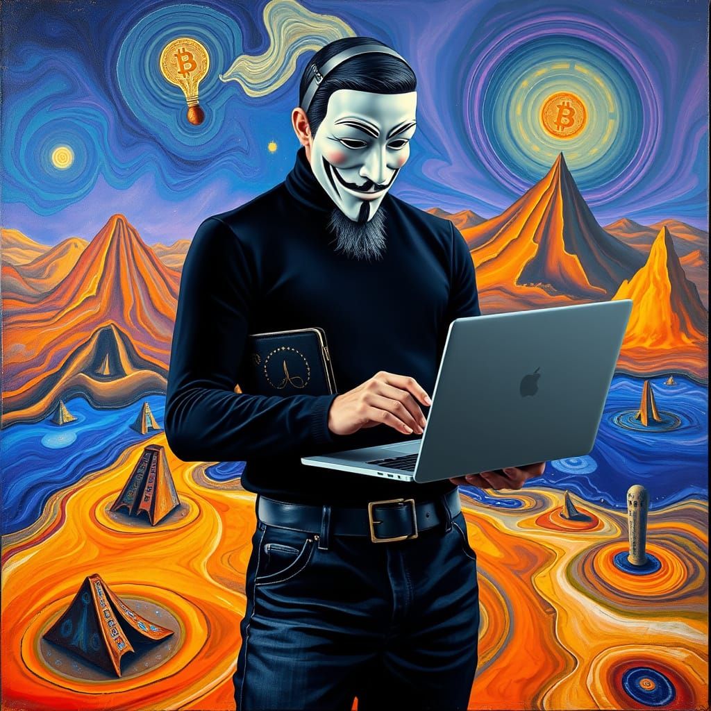 Futuristic Satoshi Nakamoto in Cyberpunk Dreamscape