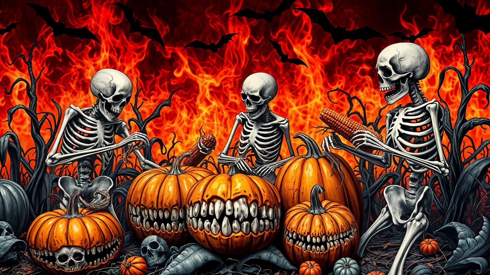 Haunted Harvest: Skeletons Gather Teeth Corn & Rib Cage Pump...