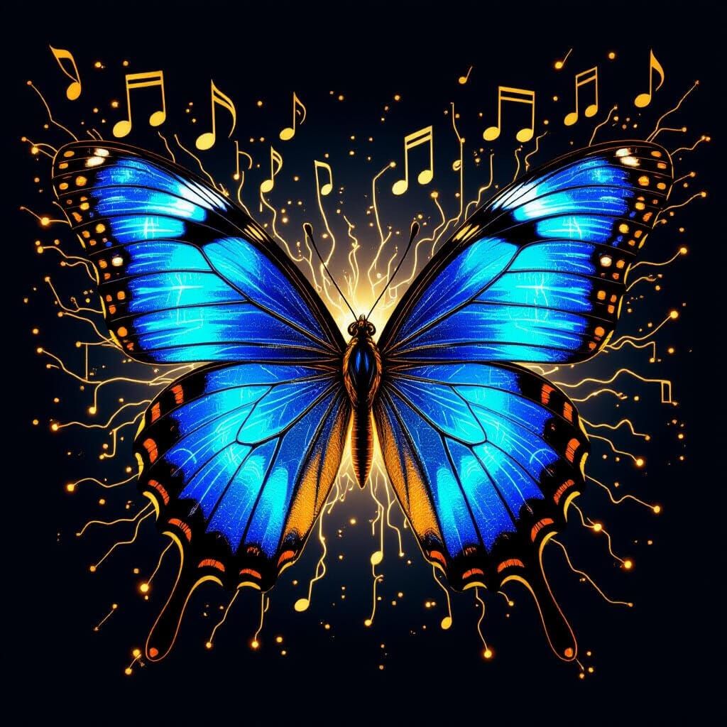 Electrical Blue Butterfly with Golden Musical Wings