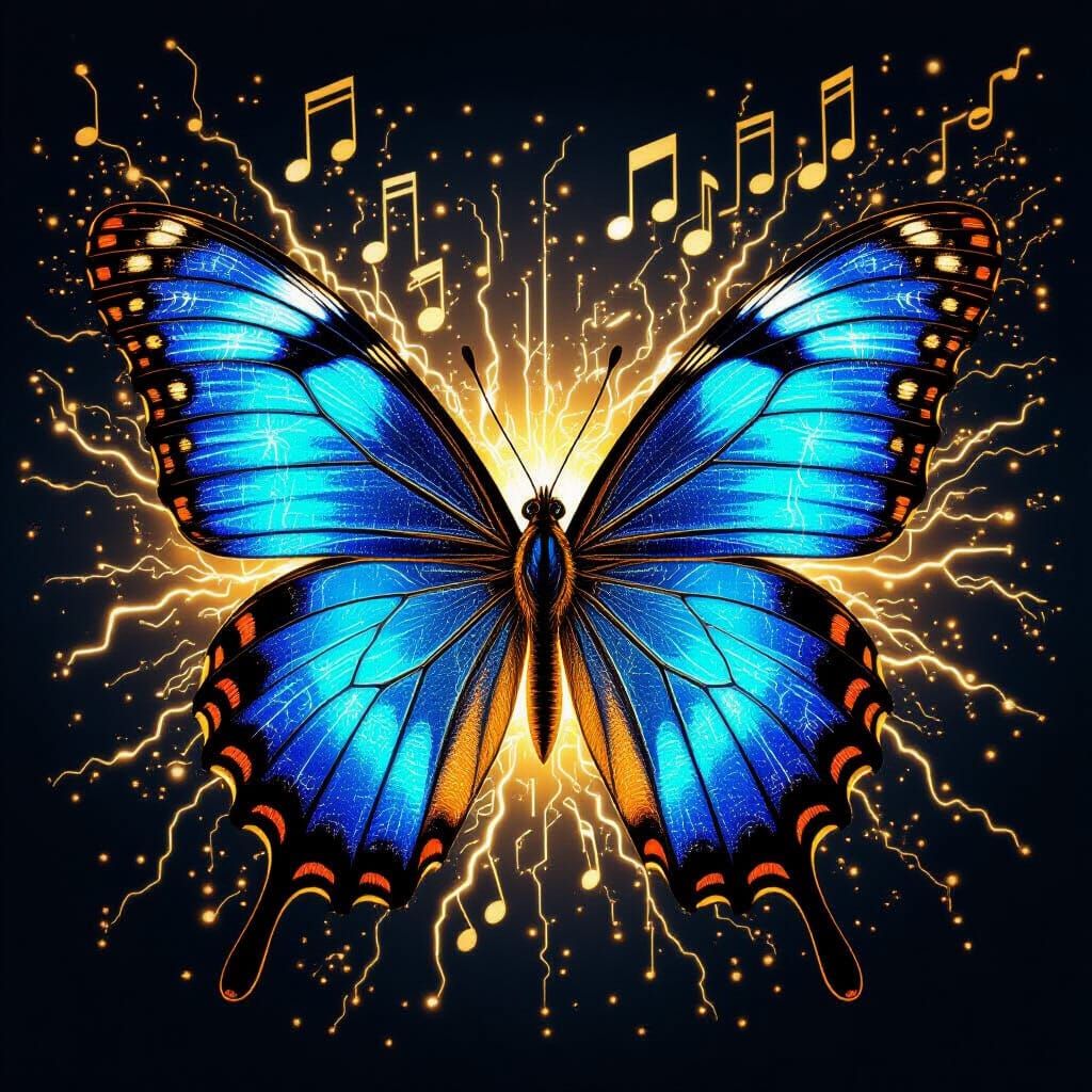 Electrical Blue Butterfly with Golden Musical Wings