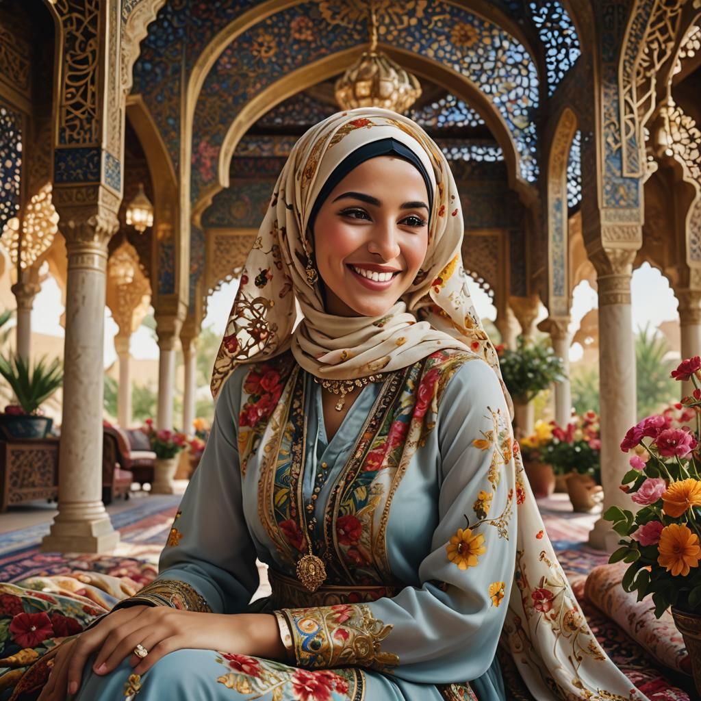 Elegant Arabic Woman in Floral Pavilion, Photorealistic