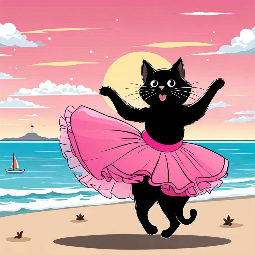 Happy Black Cat Dancing on Reunion Island Beach