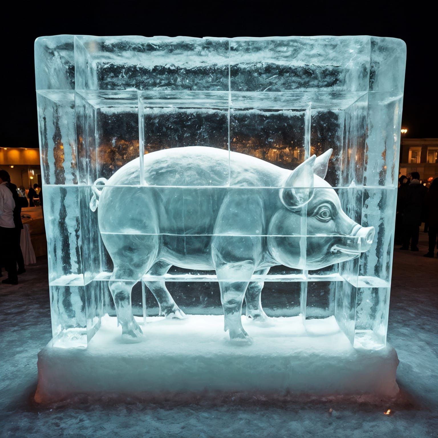 Beautiful Ice Pig Sculpture in Frozen Cage