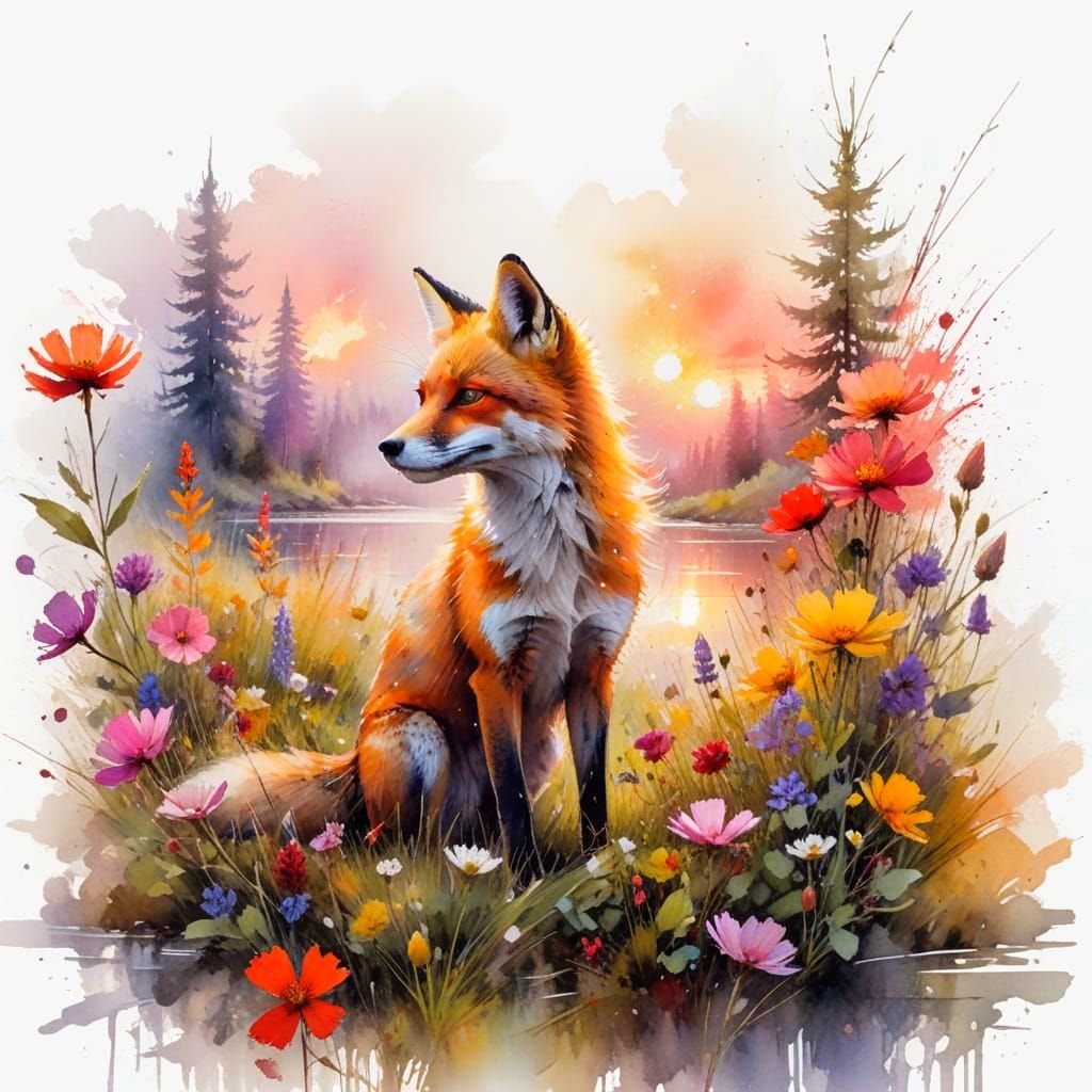 Wildflower Meadow with Fox at Sunset in Watercolour Style