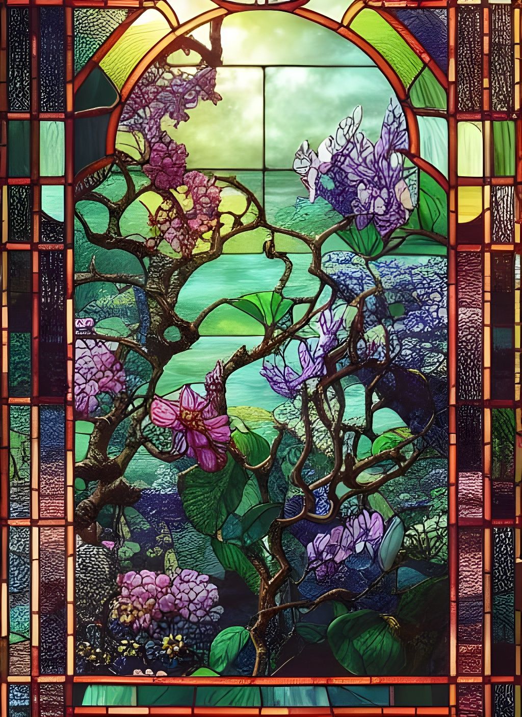 Exotic Stained Glass Flowers and Landscape