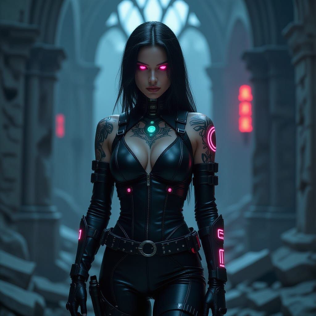 Cyborg Ninja in Gothic Ruins: Neon Noir Portrait