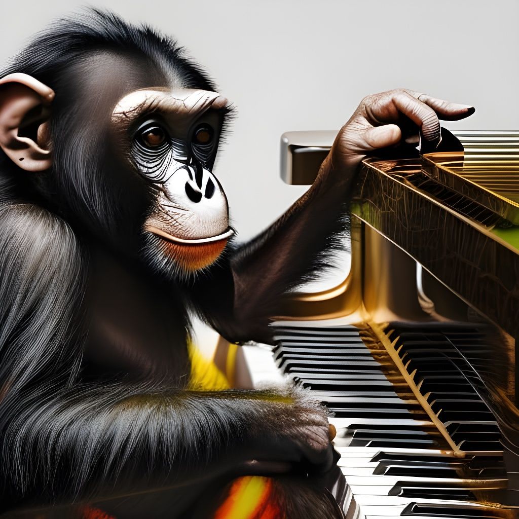 Chibi Chimpanzee Plays Piano: Inkblot Oil Painting