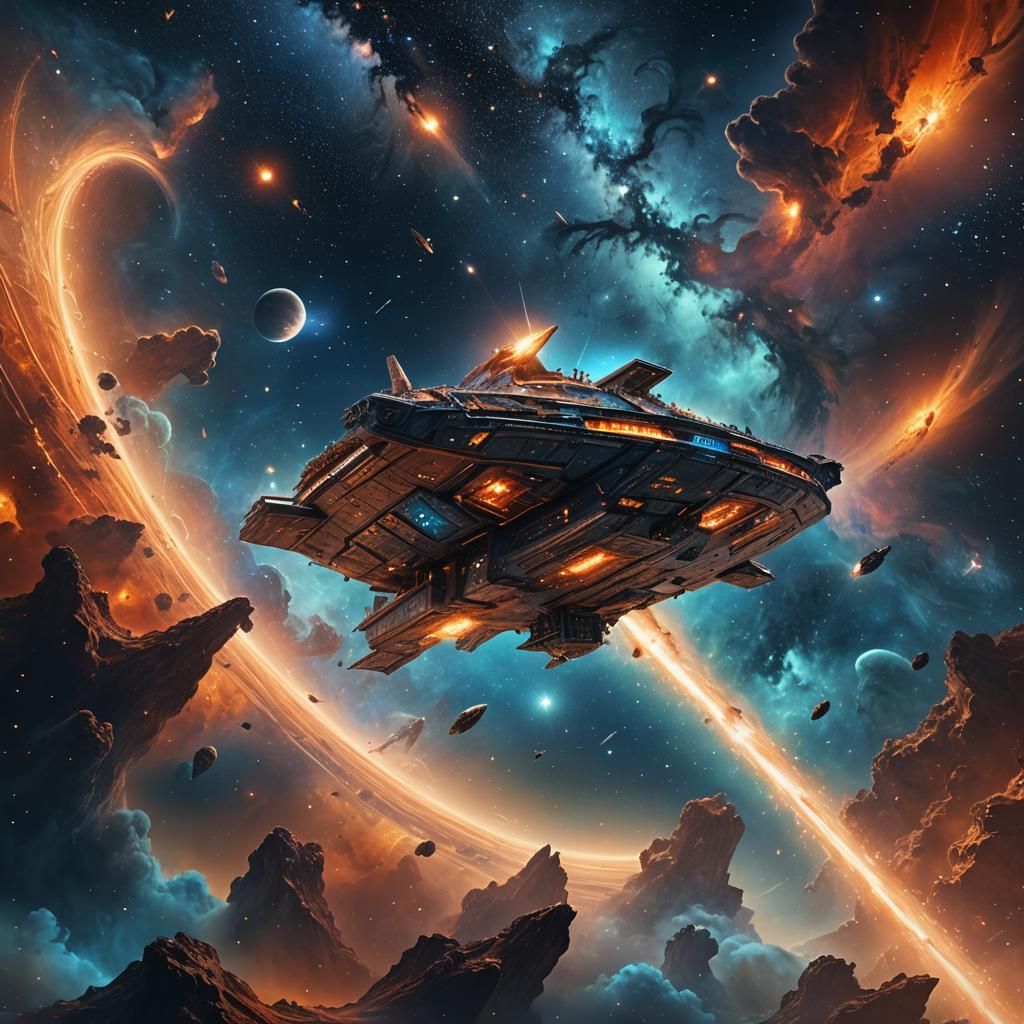 Mystical Spaceship Soaring Through Starry Galaxy