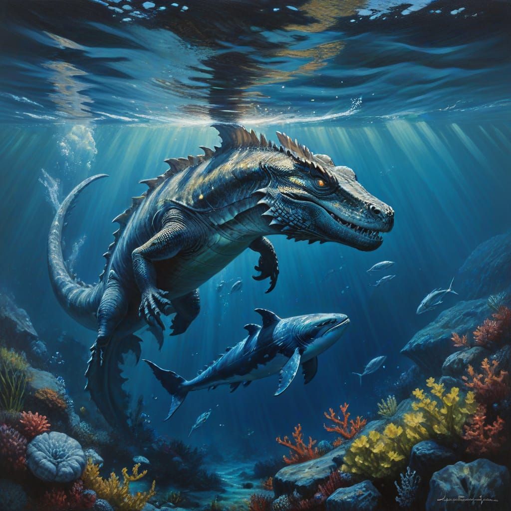 Underwater Battle: Water Dragon vs Whale as Oil Painting