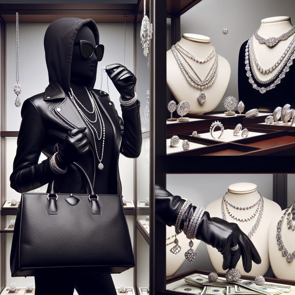 Audacious Jewel Thief in Black Leather Outfit