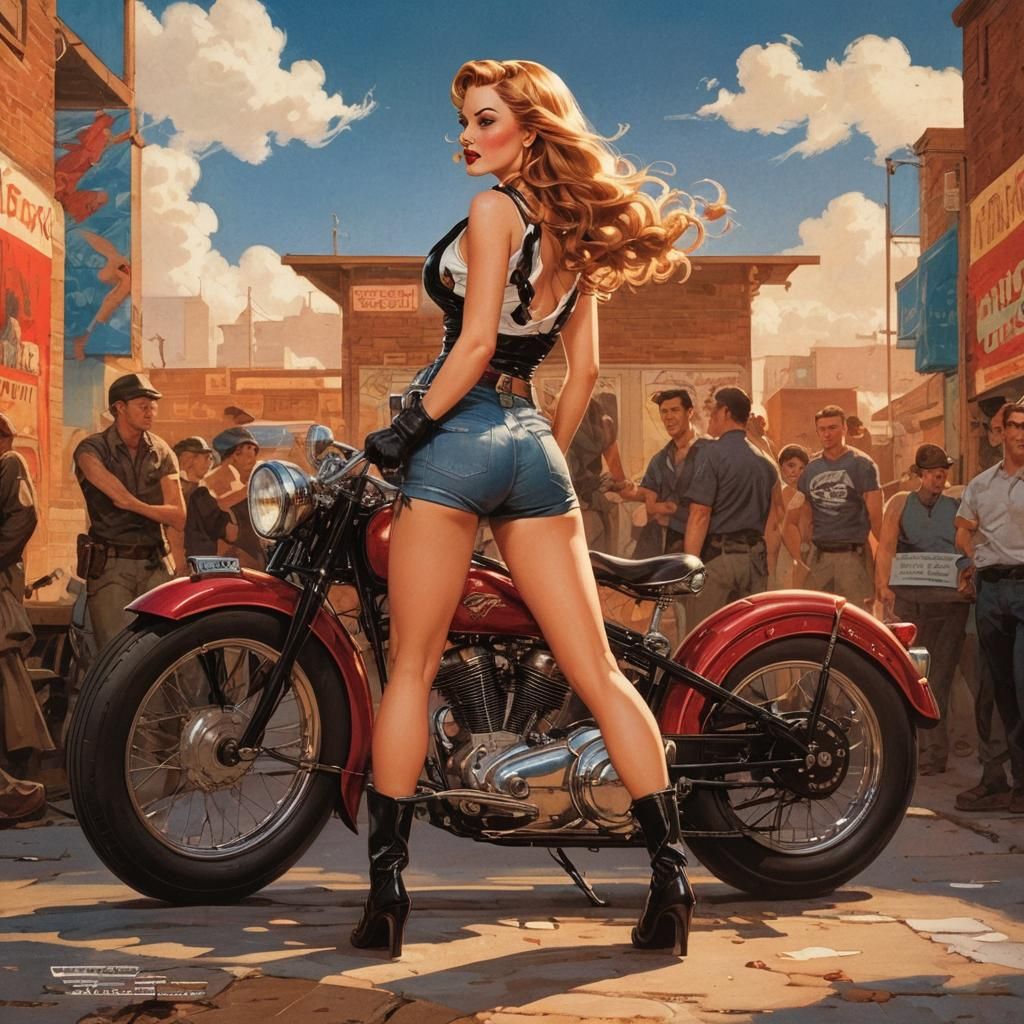 Pin-Up Girl on Vintage Bike in Comic Art Style