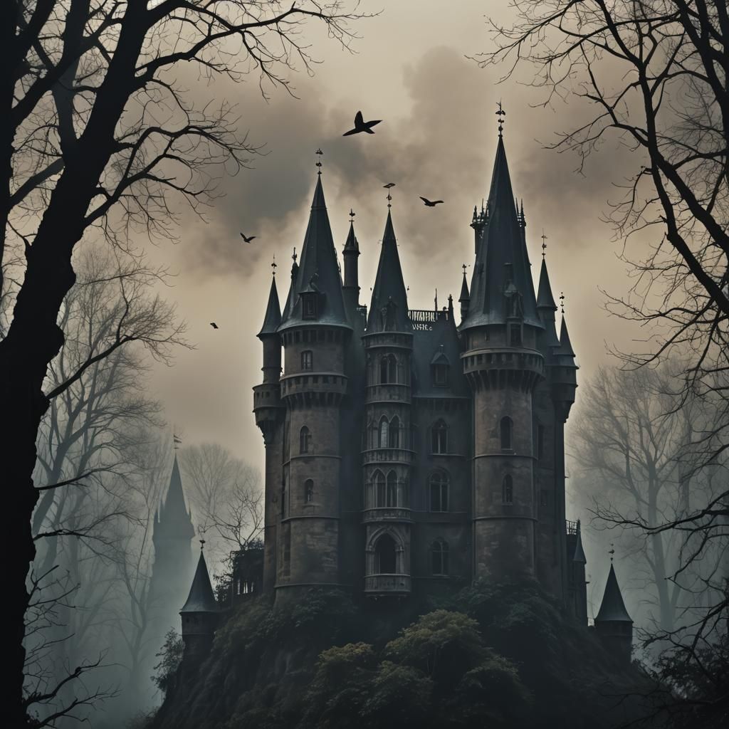 Gothic Castle with Dark Forest and Silhouette