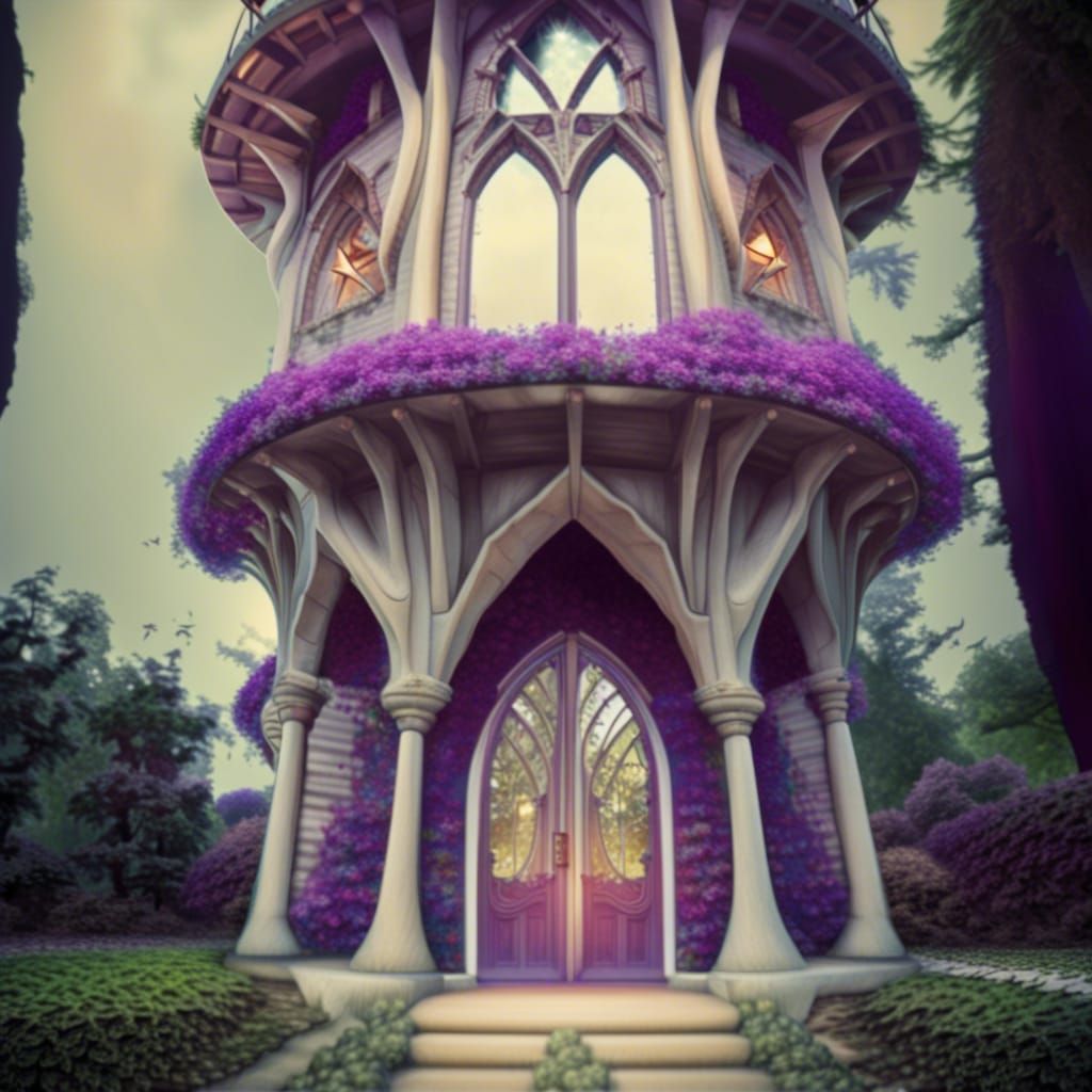 Whimsical purple Gothic Treehouse with Circular windows& ethereal stairway& amethyst clusters everywhere& Blue roses& pu...