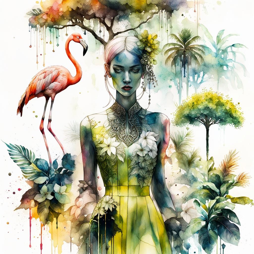 Watercolor Flamingo and Key Lime Tree